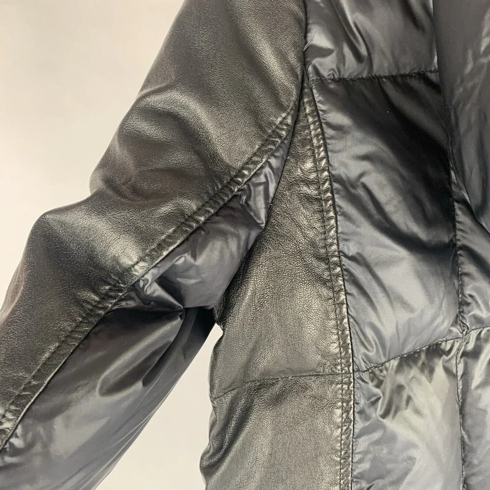 Womens Down Puffer Jacket Size Small Nylon Leather Hooded Black Chic Minimalist